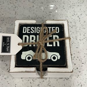 New DESIGNATED DRIVER and DESIGNATED DRINKER Drink Coasters in Wooden Holder